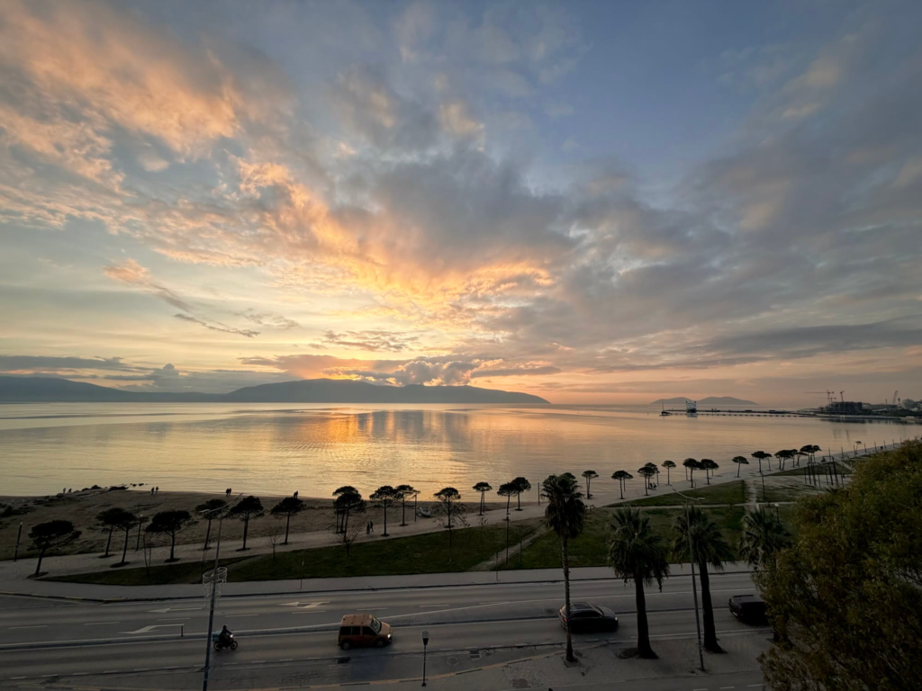 Sunset over the coastline in Vlorë, Albania, viewed from above the Lungomare promenade